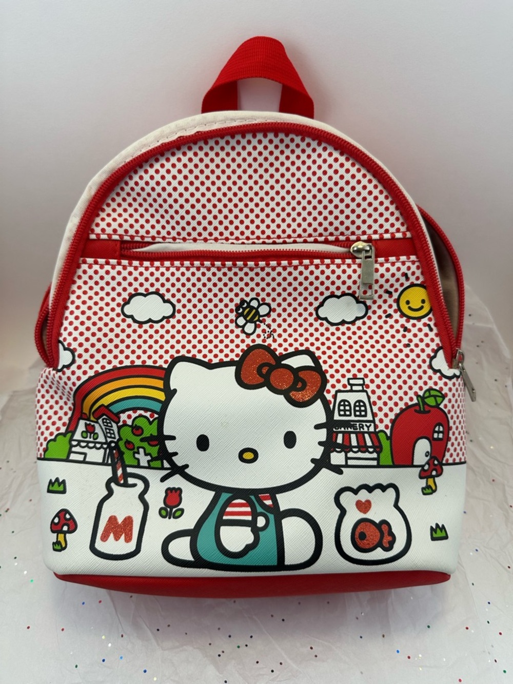 Hello Kitty Red & White Polka Dot Mini Backpack with Rainbow Accents